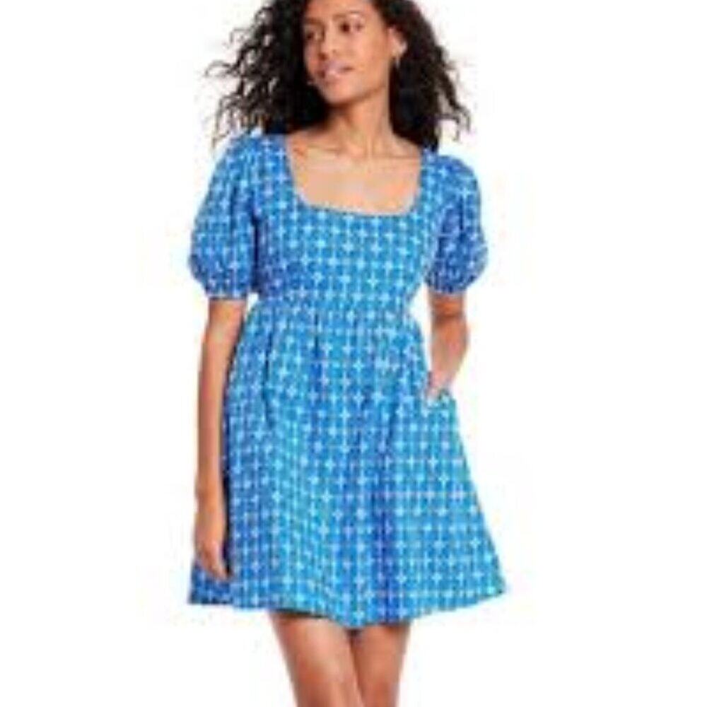 RHODE Target Designer Collab Blue Eyelet Puff Sleeve Babydoll Dress Medium